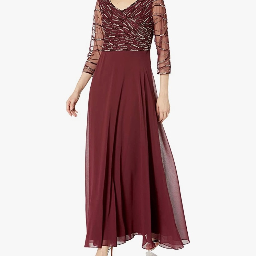 J Kara 3/4 Sleeve Beaded Bodice Pop Over Long Dress wine Color Size 4 NWT